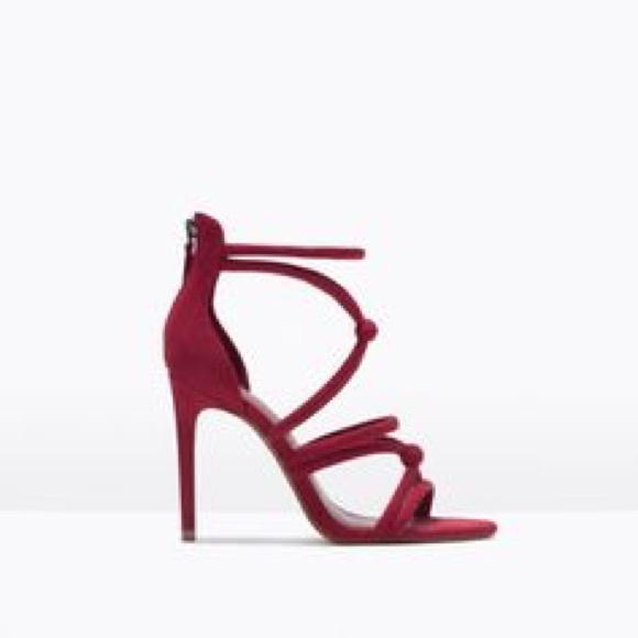 NWT Zara Red Knotted  Faux Suede High Heel Sandals - Picture 4 of 6